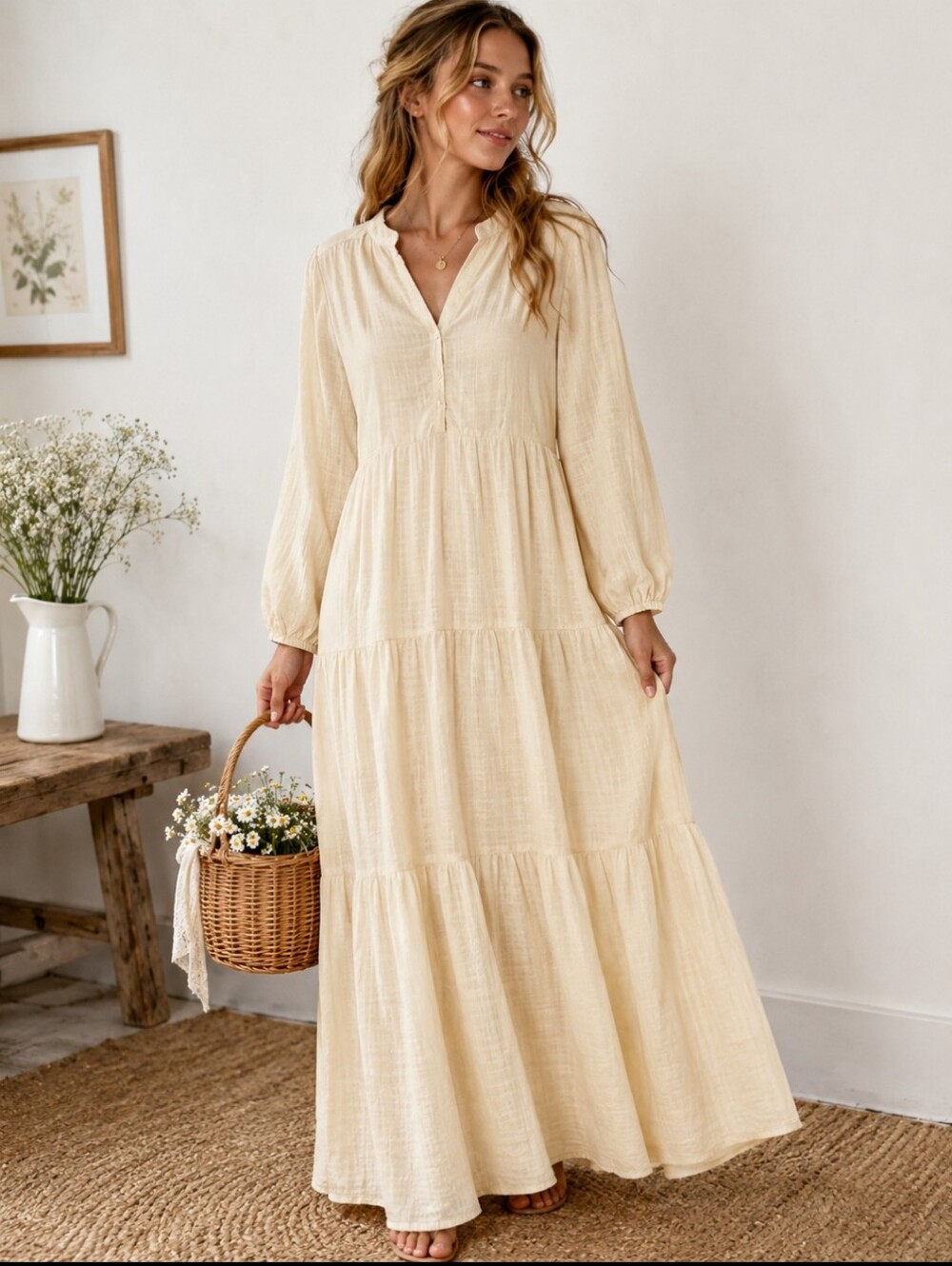 Tiered Maxi Dress XL Boho Prairie Cottagecore Flowy Long Sleeve NSR